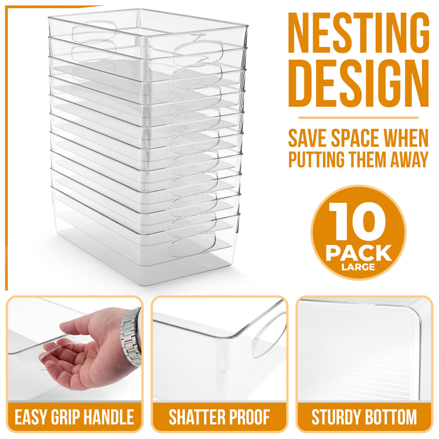 Clear Plastic Container Bins with Handles, Set of 10