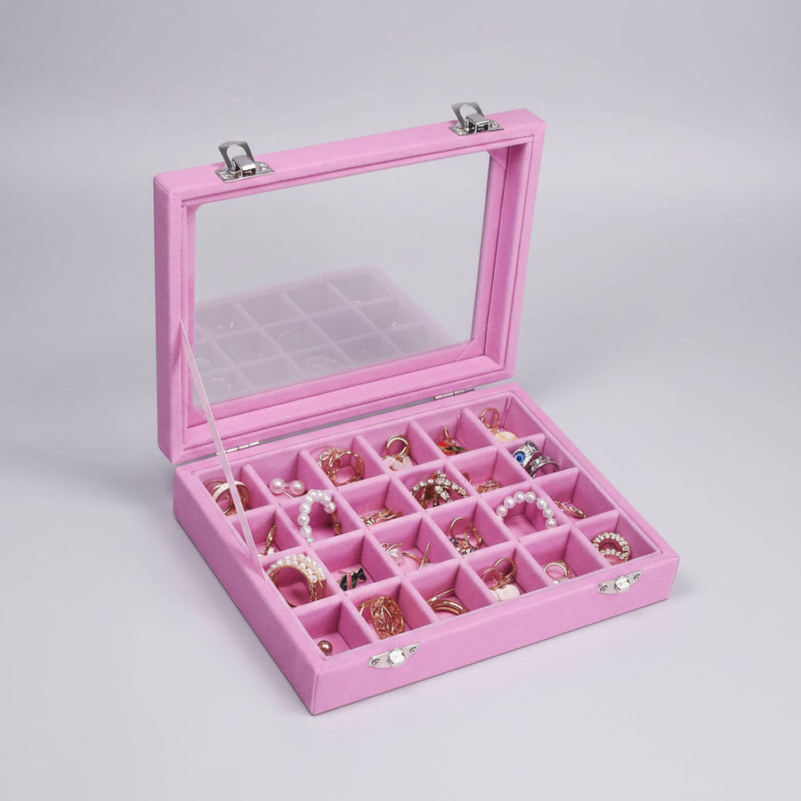 Velvet Jewelry Box with Glass Lid and Compartments