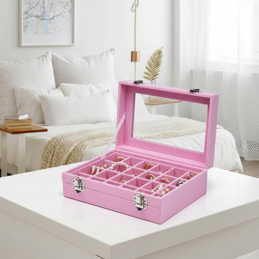 Velvet Jewelry Box with Glass Lid and Compartments