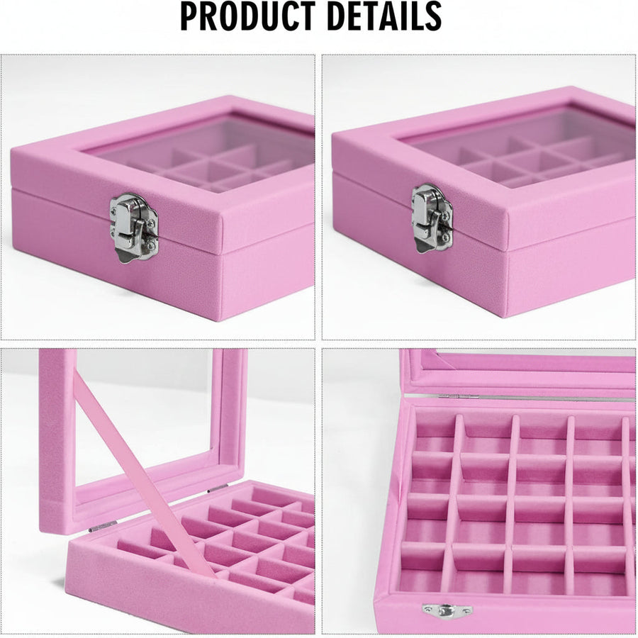 Velvet Jewelry Box with Glass Lid and Compartments