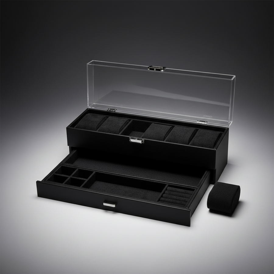 6-Slot Watch Box with Pull-Out Jewelry Drawer