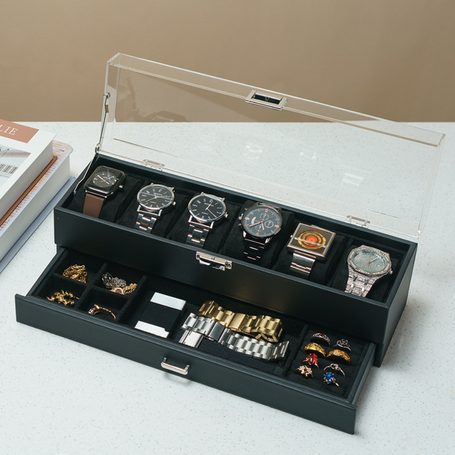 6-Slot Watch Box with Pull-Out Jewelry Drawer