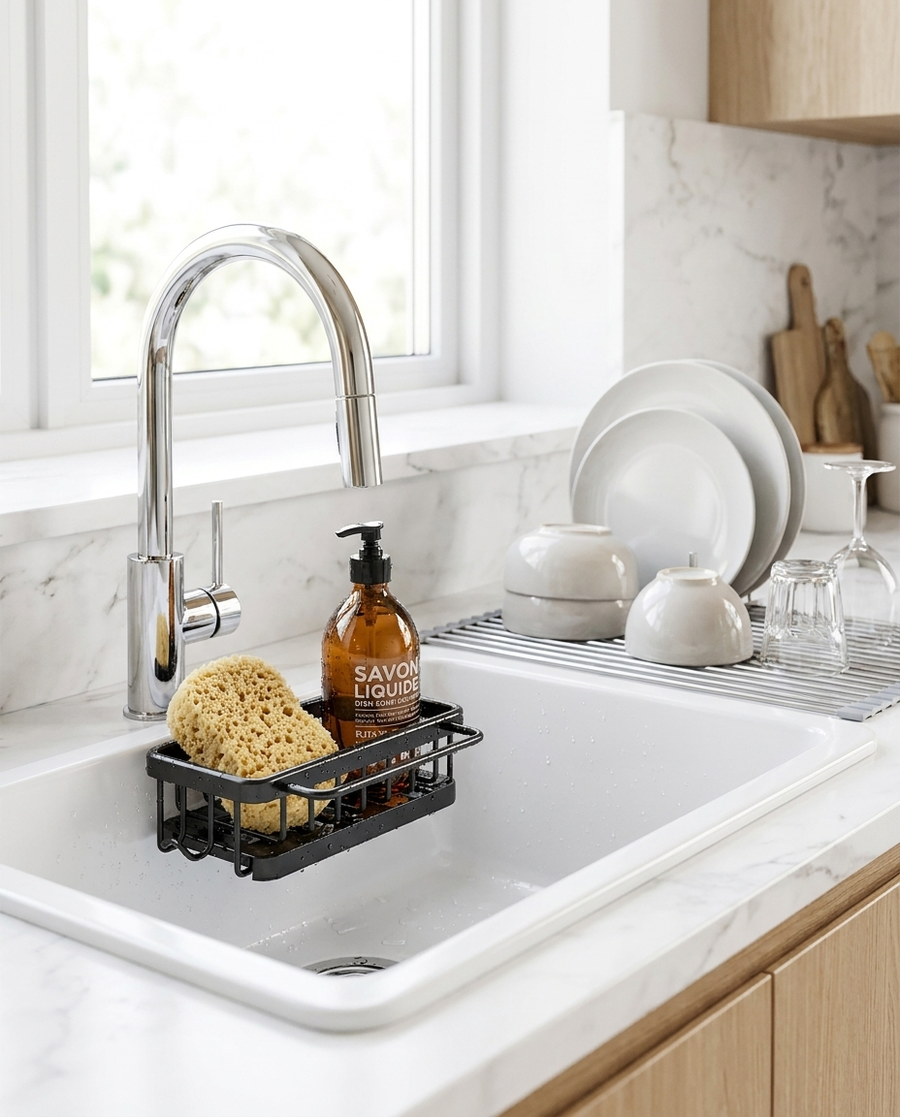 Kitchen sink organizer in use in a modern kitchen sink