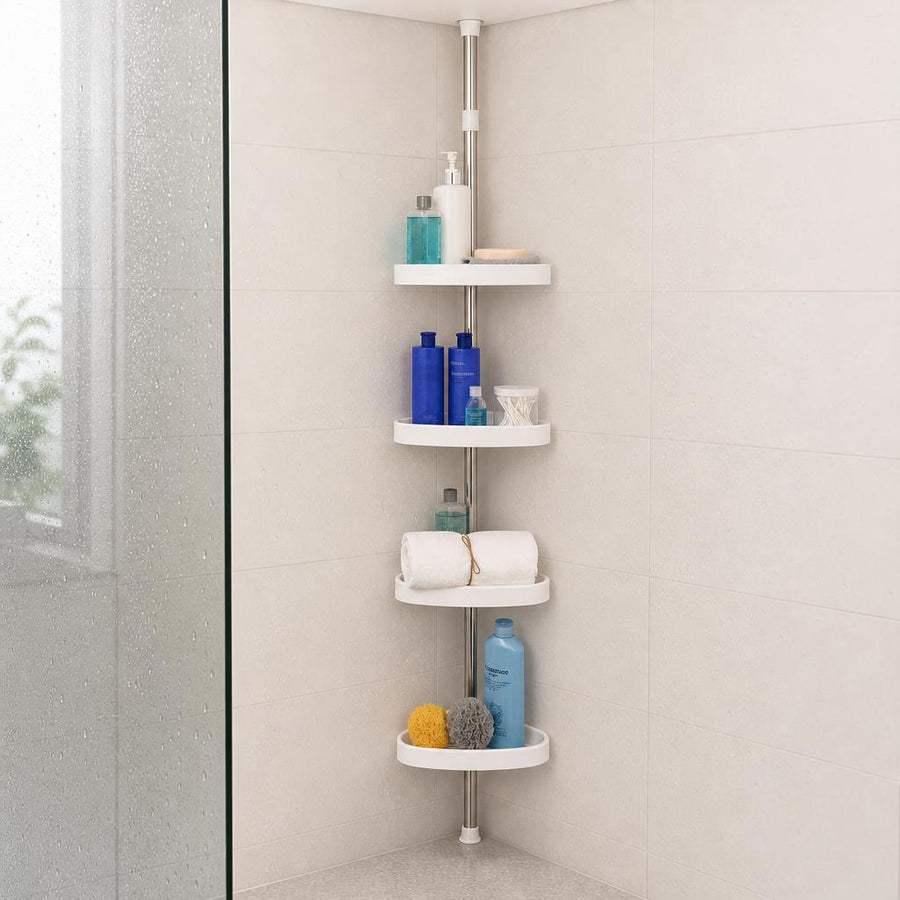 Adjustable tension pole corner shower shelf