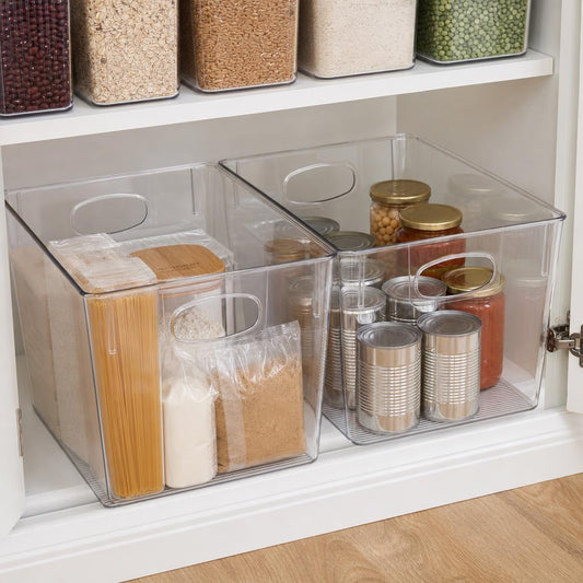 Large clear storage bins for cabinets and shelves