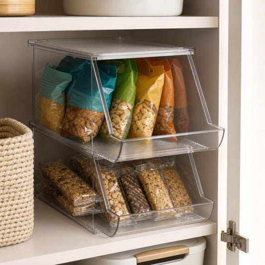 Open-front pantry snack bins, stackable