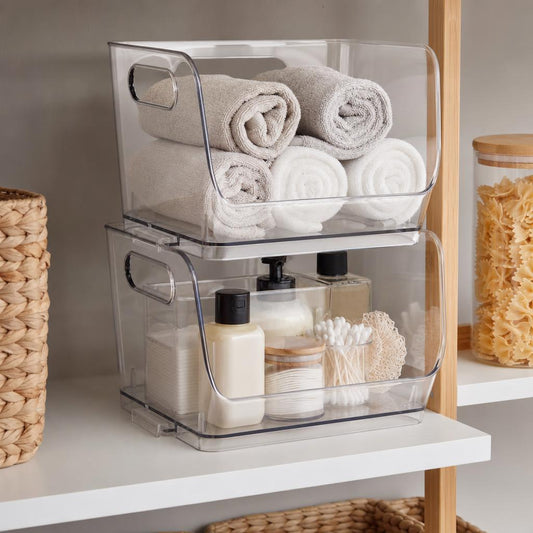 Open-front square storage bins, stackable
