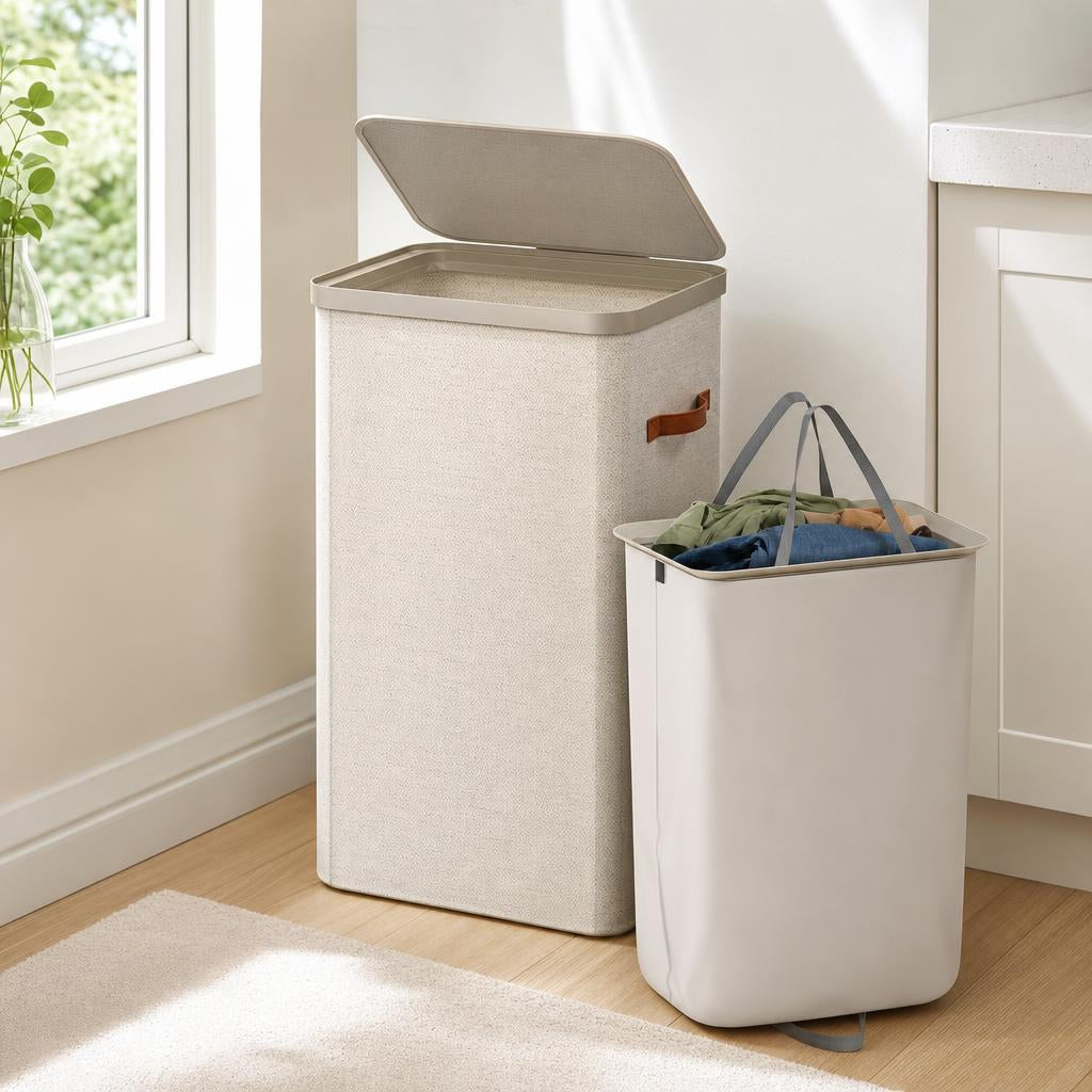 Collapsible fabric laundry hamper with lid