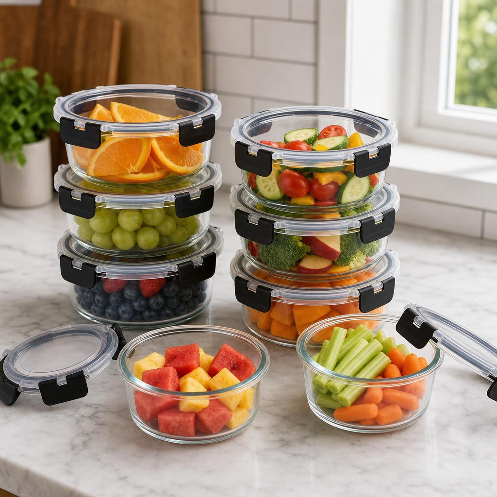 Round glass food containers, set of 8