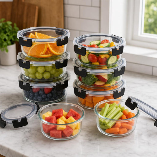 Round glass food containers, set of 8