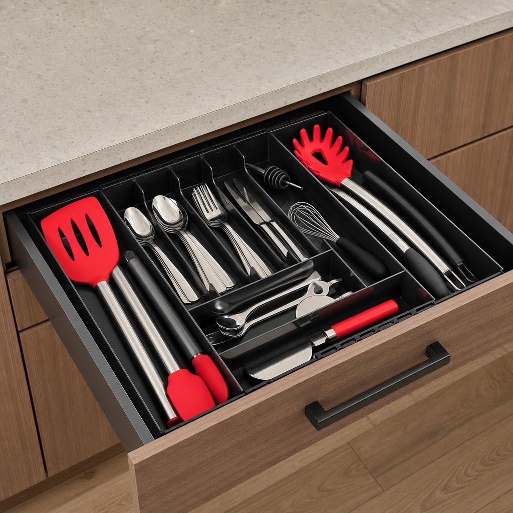Expandable kitchen drawer and utensil organizer tray