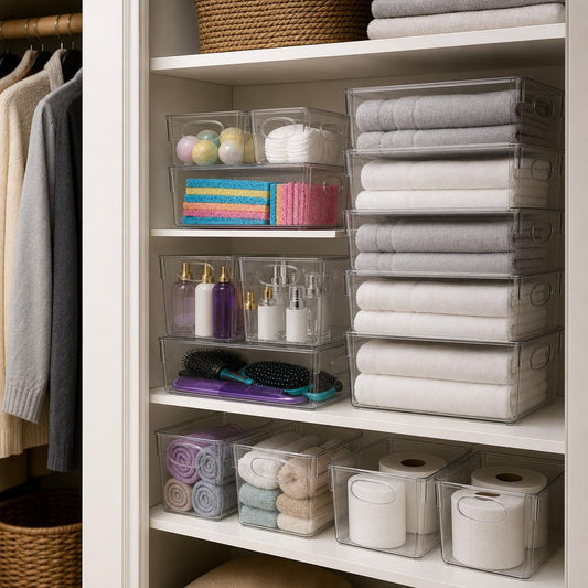 Clear plastic storage bins, set of 20