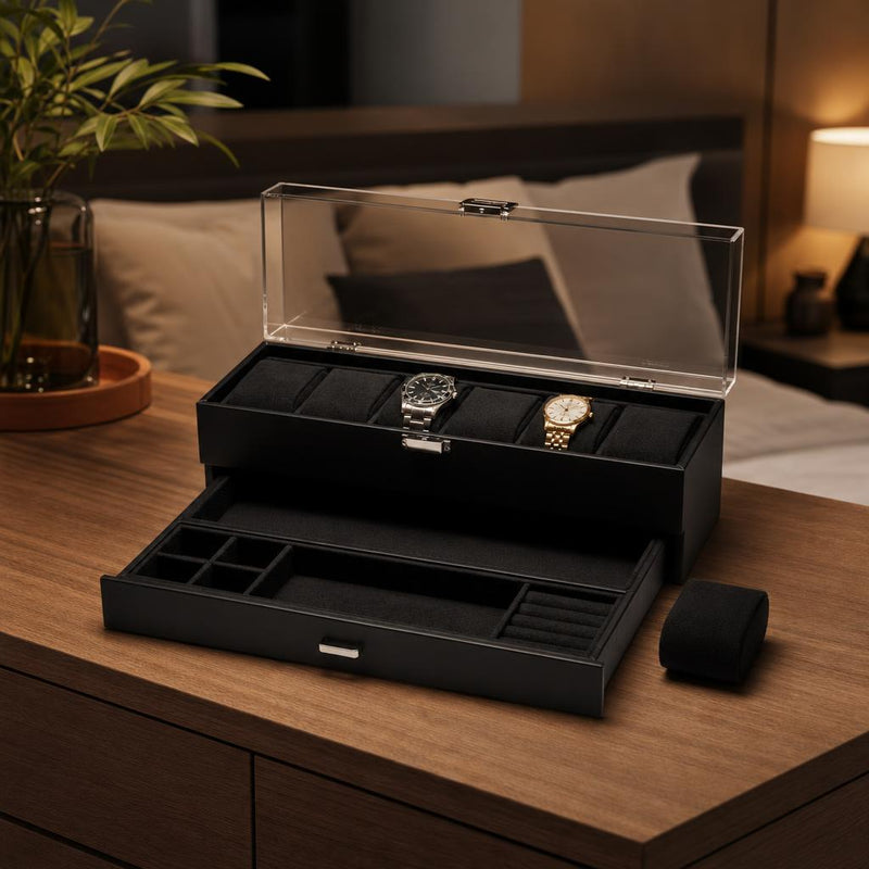 6-slot watch box with pull-out jewelry drawer on a dresser