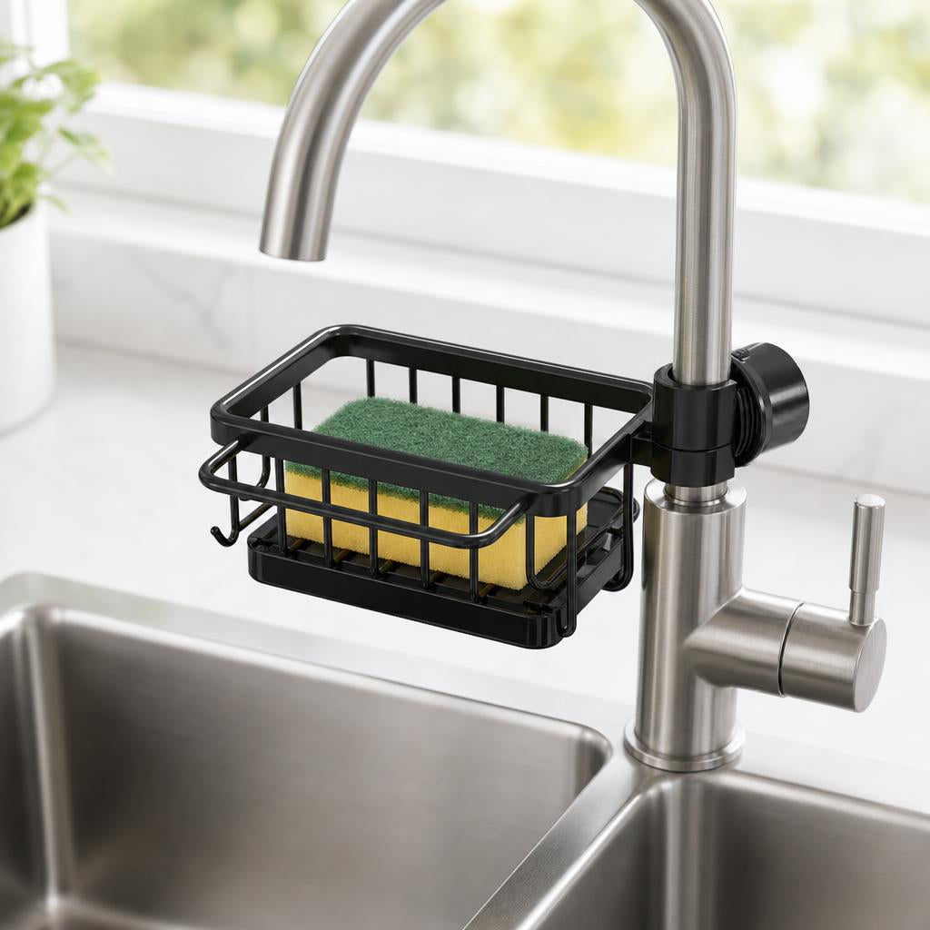 Faucet-mounted sink caddy with hooks holding a sponge