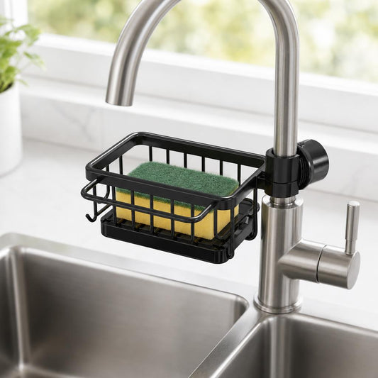 Faucet-mounted sink caddy with hooks holding a sponge